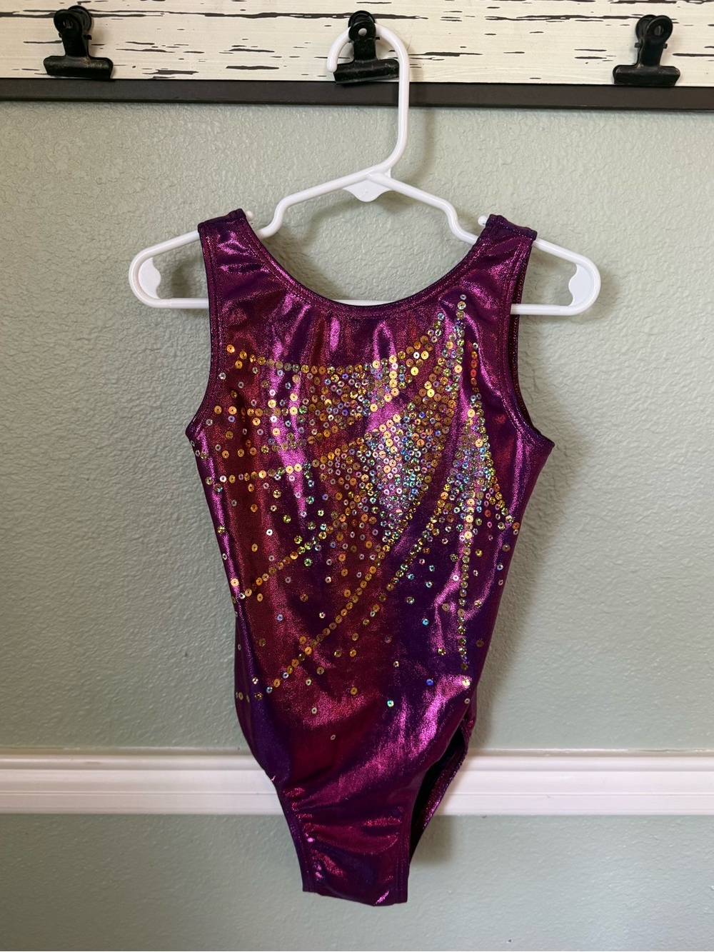 Ozone Sparkling Purple Metallic Gymnastics Leotard with Rhinestone Swirls